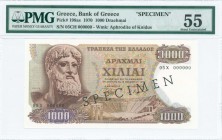 GREECE: Specimen of 1000 Drachmas (1.11.1970) in brown on multicolor unpt with Zeus at left. S/N: "05X 000000". Black ovpt "SPECIMEN" at center. WMK: ...