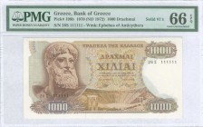 GREECE: 1000 Drachmas (1.11.1970) in brown on multicolor unpt with Zeus at left. Solid S/N: "26Σ 111111" (Solid #1s). WMK: Youth of Antikythera. Print...
