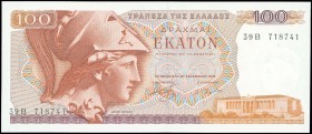 GREECE: 10 x 100 Drachmas (8.12.1978) in red and violet on multicolor unpt with Athena at left. Continuous S/N: "39B 718741 / 39B 718750". Variety: Le...