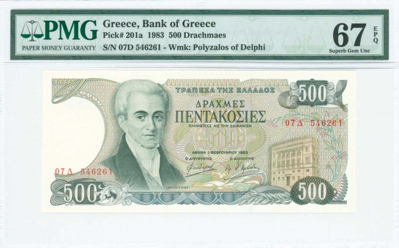 GREECE: 500 Drachmas (1.2.1983) in deep green on multicolor unpt with Ioannis Ka...