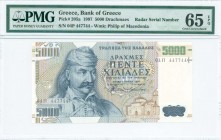 GREECE: 5000 Drachmas (1.6.1997) in dark blue on multicolor unpt with Theodoros Kolokotronis at left. Radar S/N: "04Π 447744". WMK: Philip the second ...