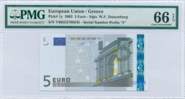 GREECE: 5 Euro (2002) in gray and multicolor with in classical architecture at right. S/N: "Y00253708345". Printing press and plate "P005C1". Signatur...