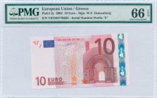 GREECE: 10 Euro (2002) in red and multicolor with gate in romanesque period. S/N: "Y07583776633". Printing press and plate "N003B5". Signature by Will...