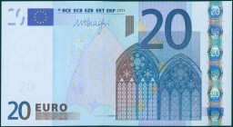 GREECE: 20 Euro (2002) in blue and multicolor with gate in gothic architecture. S/N: "Y05510448982". Printing press and plate "N007D5". Signature by D...