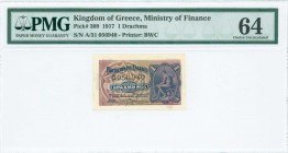 GREECE: 1 Drachma (ND 1922) in dark blue on multicolor unpt with God Hermes at right. S/N: "A/31 056940". Printed by BWC. Inside holder by PMG "Choice...