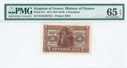 GREECE: 2 Drachmas (ND 1922) in dark red on multicolor unpt with Orpheus with lyre at center. S/N: "B/49 087311". Printed by Bradbury. Inside holder b...