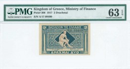 GREECE: 2 Drachmas (ND 1922) in dark blue and blue with Hermes seated at center. S/N: "A/17 09409". Printed by Aspiotis. Inside holder by PMG "Choice ...