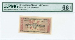 GREECE: 5 Drachmas (18.6.1941) in red and black on pale yellow with wall painting from Knossos at center. S/N: "KZ 267347". Printed by Aspiotis. Insid...
