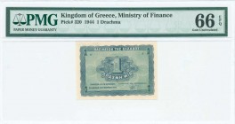 GREECE: 1 Drachma (9.11.1944) in blue on blue-green unpt with value at center. Printed in Athens. Inside holder by PMG "Gem Uncirculated 66 - EPQ". To...