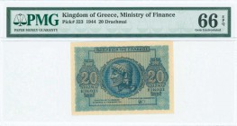 GREECE: 20 Drachmas (9.11.1944) in blue on orange unpt with God Zeus at center. Printed in Athens. Inside holder by PMG "Gem Uncirculated 66 - EPQ". (...
