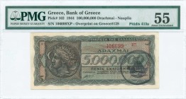 GREECE: 100 million Drachmas (19.9.1944) red ovpt on back of 5 million Drachmas (20.7.1944) banknote, Nafplion issue by Bank of Greece, Nafplion branc...