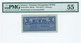 GREECE: 1 Reichspfennig (ND 1944) in dark blue with eagle with small swastika in unpt at center, Wermacht notes of German armed forces handstamped in ...