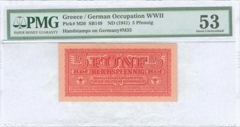 GREECE: 5 Reichspfennig (ND 1944) in dark red with eagle with small swastika in ...