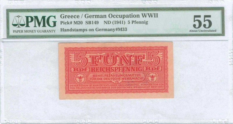 GREECE: 5 Reichspfennig (ND 1944) in dark red with eagle with small swastika in ...