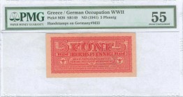 GREECE: 5 Reichspfennig (ND 1944) in dark red with eagle with small swastika in unpt at center, Wermacht notes of German armed forces handstamped in T...