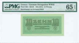 GREECE: 10 Reichspfennig (ND 1944) in light green with eagle with small swastika in unpt at center, Wermacht notes of German armed forces handstamped ...