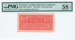 GREECE: 5 Reichspfennig (ND 1942) in dark red with eagle with small swastika in unpt at center, Wermacht notes of German armed forces. Uniface. Printe...