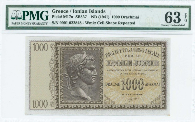 GREECE: 1000 Drachmas (ND 1941) in dark brown on light brown unpt with Augustus ...