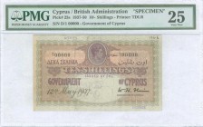 GREECE: Specimen of 10 Shillings (12.5.1937) in maroon on pink and olive unpt with portrait of King George VI at center. S/N: "D/1 00000". Perfin "SPE...