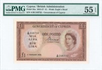 GREECE: 1 Pound (1.2.1956) in brown on multicolor unpt with portrait of Queen Elizabeth II at right and map at lower right. S/N: "A/20 246732". WMK: E...