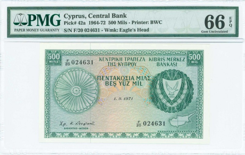 GREECE: 500 Mils (1.9.1971) in green on multicolor unpt with Arms at right. S/N:...