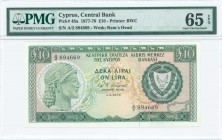 GREECE: 10 Pounds (1.4.1977) in dark green and blue-black on multicolor unpt with archaic bust at left and Arms at right. S/N: "A/2 894669". WMK: Mouf...