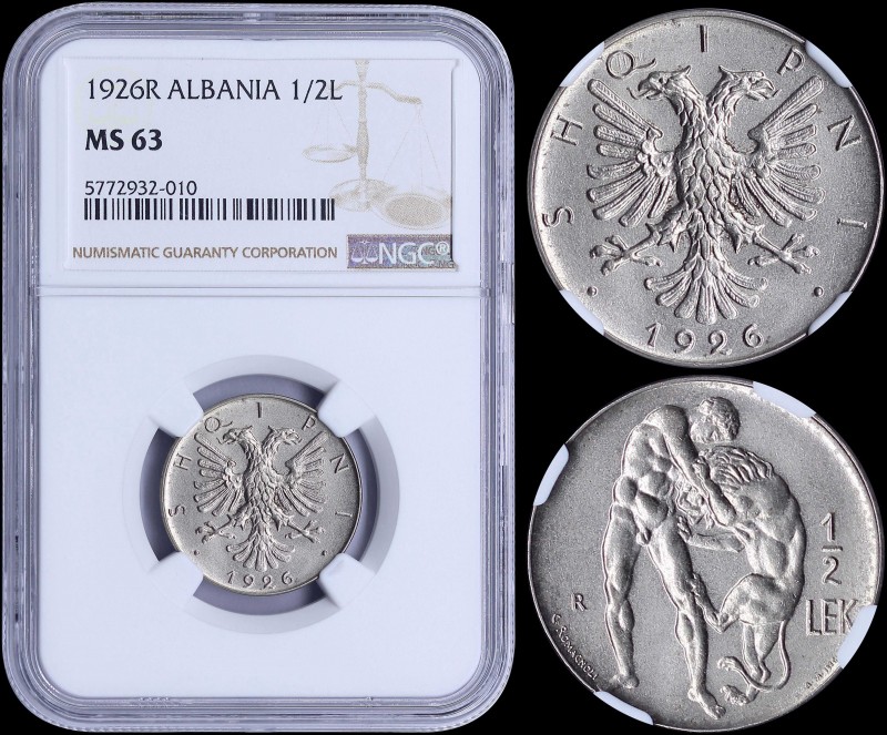 ALBANIA: 1/2 Lek (1926 R) in nickel with two headed eagle. Hercules wrestling Ne...