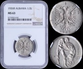 ALBANIA: 1/2 Lek (1926 R) in nickel with two headed eagle. Hercules wrestling Nemean lion on reverse. Inside slab by NGC "MS 63". (KM 4).