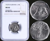 ALBANIA: 1/4 Leku (1927 R) in nickel with lion advancing. Oak branch above valueon reverse. Inside slab by NGC "MS 66". (KM 3).