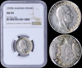 ALBANIA: 1 Frang Ar (1935 R) in silver (0,835) with head of Zog I facing right. Kings Arms and value below on reverse. Inside slab by NGC "AU 55". (KM...
