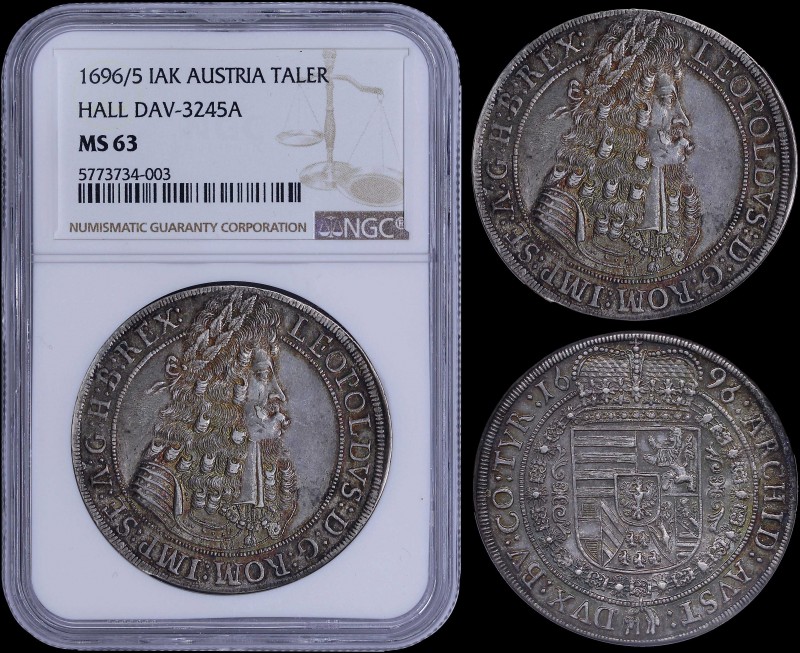 AUSTRIA: 1 Thaler (1696/5 IAK) in silver with bust of Leopold I facing right. Cr...