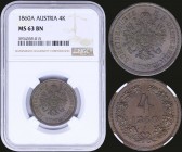 AUSTRIA: 4 Kreuzer (1860 A) in copper with crowned imperial double-headed eagle. Denomination and date within wreath on reverse. Inside slab by NGC "M...