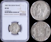 BELGIUM: 1 Franc (1867) in silver (0,835) with Head of Leopold II facing left. Crowned Arms on ornate shield divide on reverse. Inside slab by NGC "XF...