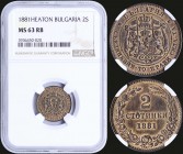 BULGARIA: 2 Stotinki (1881 H) in bronze with crowned and mantled Arms with supporters. Denominatio within wreath on reverse. Inside slab by NGC "MS 63...