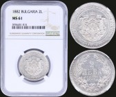BULGARIA: 2 Leva (1882) in silver (0,835) with crowned and mantled Arms with supporters. Denomination within wreath. Inside slab by NGC "MS 61". (KM 5...
