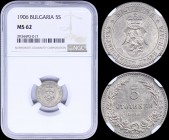 BULGARIA: 5 Stotinki (1906) in copper-nickel with crowned Arms within circle. Denomination above date within wreath on reverse. Inside slab by NGC "MS...
