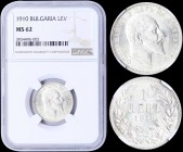 BULGARIA: 1 Lev (1910) in silver (0,835) with head of Ferdinand I facing right. Denomination above date within wreath. Inside slab by NGC "MS 62". (KM...
