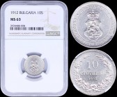 BULGARIA: 10 Stotinki (1912) in copper-nickel with crowned Arms within circle. Denomination above date within wreath on reverse. Inside slab by NGC "M...