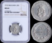 BULGARIA: 20 Stotinki (1912) in copper-nickel with crowned Arms within circle. Denomination above date within wreath on reverse. Inside slab by NGC "M...