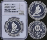 BULGARIA: 10 Leva (1984) in silver (0,925) from Winter Olympics in Sarajevo series with national Arms above denomination and date at bottom left. Down...