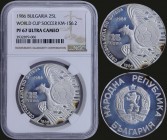 BULGARIA: 25 Leva (1986) in silver (0,925) for the World Cup of football with national Arms. Stylized eagle with soccer ball, denomination and date at...
