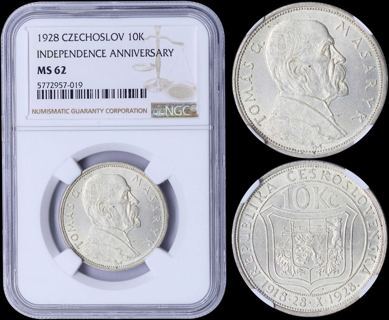 CZECHOSLOVAKIA: 10 Korun (1928) in silver (0,700) commemorating the 10th anniver...