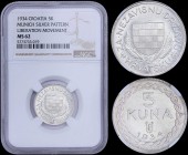 CROATIA: 5 Kuna (1934) pattern coin in silver (0,900) with Coat of arms. Value and date and date on reverse. Inside slab by NGC "MS 62". (KM Pn7).