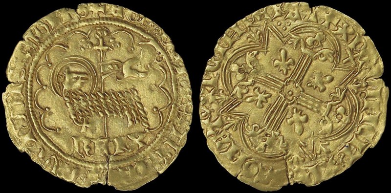 FRANCE: Agnel dOr (1380-1422) in gold with lamb of God standing left within tres...