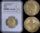 FRANCE: Ecu dor au soleil (1591 S) in gold. Charles X period (1589-1596). Weight: 3,32gr. Inside slab by NGC "MS 60". (FR 389).