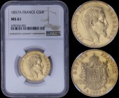 FRANCE: 50 Francs (1857 A) in gold (0,900) with head of Napoleon III facing right. Crowned and mantled Arms divide denomination on reverse. Inside sla...
