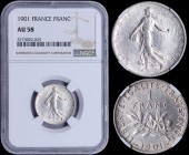 FRANCE: 1 Franc (1901) in silver (0,835) with figure sowing seed. Leafy branch divides date and denomination on reverse. Inside slab by NGC "AU 58". (...