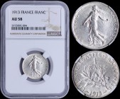 FRANCE: 1 Franc (1913) in silver (0,835) with figure sowing seed. Leafy branch divides date and denomination on reverse. Inside slab by NGC "AU 58". (...