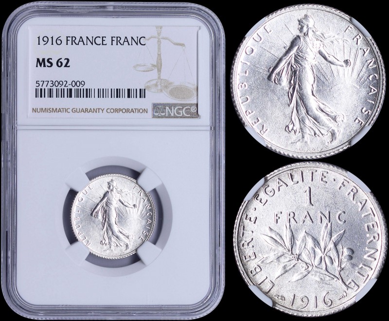 FRANCE: 1 Franc (1916) in silver (0,835) with figure sowing seed. Leafy branch d...