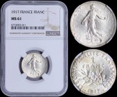 FRANCE: 1 Franc (1917) in silver (0,835) with figure sowing seed. Leafy branch divides date and denomination on reverse. Inside slab by NGC "MS 61". (...